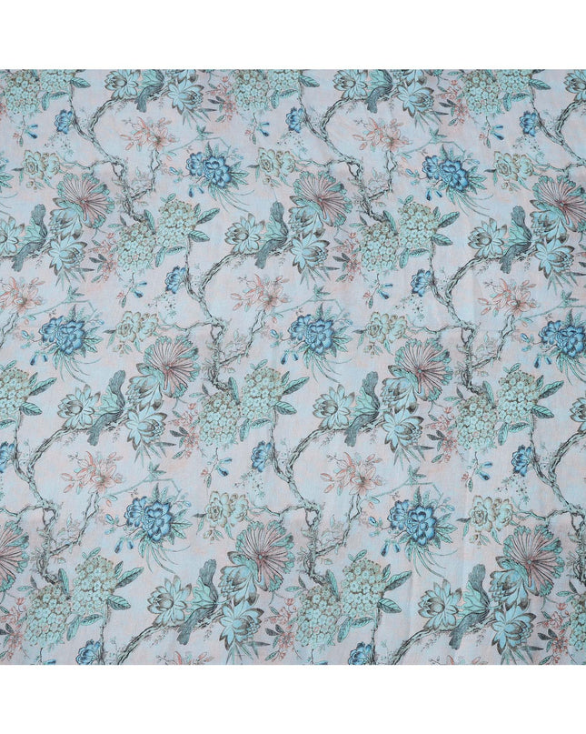 قماش تطريز فوال قطني مخلوط بطبعة زهور باللون الأزرق الفاتح، عرض 110 سم، الهند - D25184