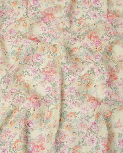Cream Multicolor Floral Printed Cotton Linen Fabric, 110 Cms Width, India-D25188