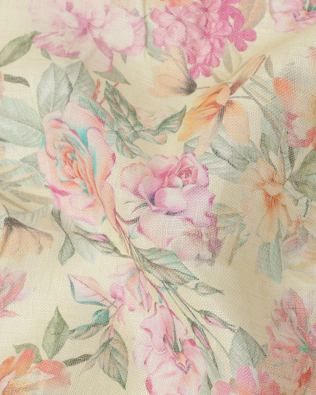 Cream Multicolor Floral Printed Cotton Linen Fabric, 110 Cms Width, India-D25188