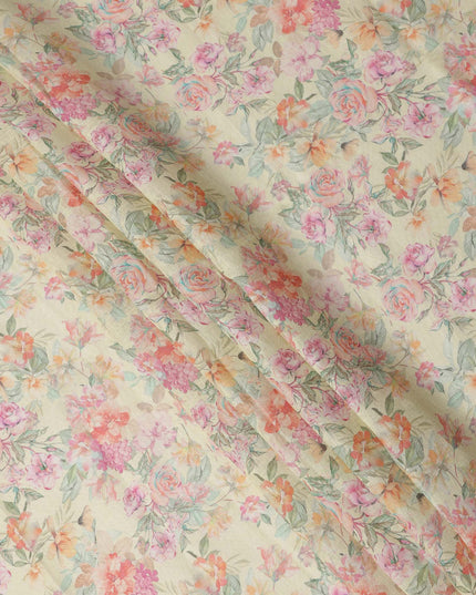 Cream Multicolor Floral Printed Cotton Linen Fabric, 110 Cms Width, India-D25188