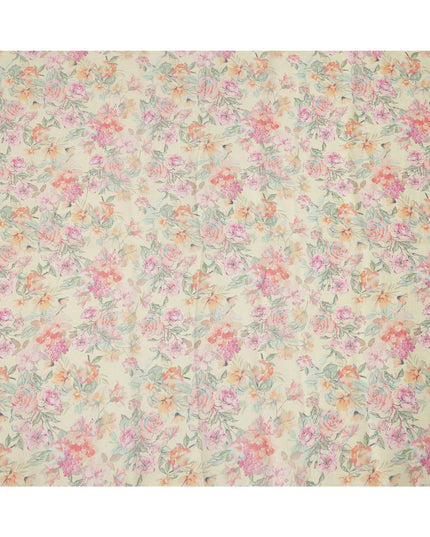 Cream Multicolor Floral Printed Cotton Linen Fabric, 110 Cms Width, India-D25188
