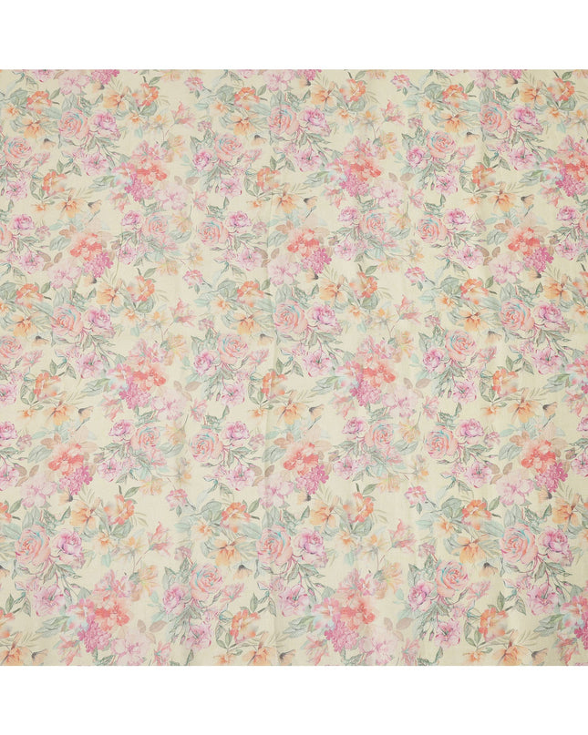 Cream Multicolor Floral Printed Cotton Linen Fabric, 110 Cms Width, India-D25188