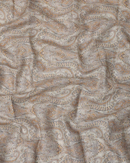Beige and Brown Paisley Printed Cotton Linen Fabric, 110 Cms Width, India-D25186