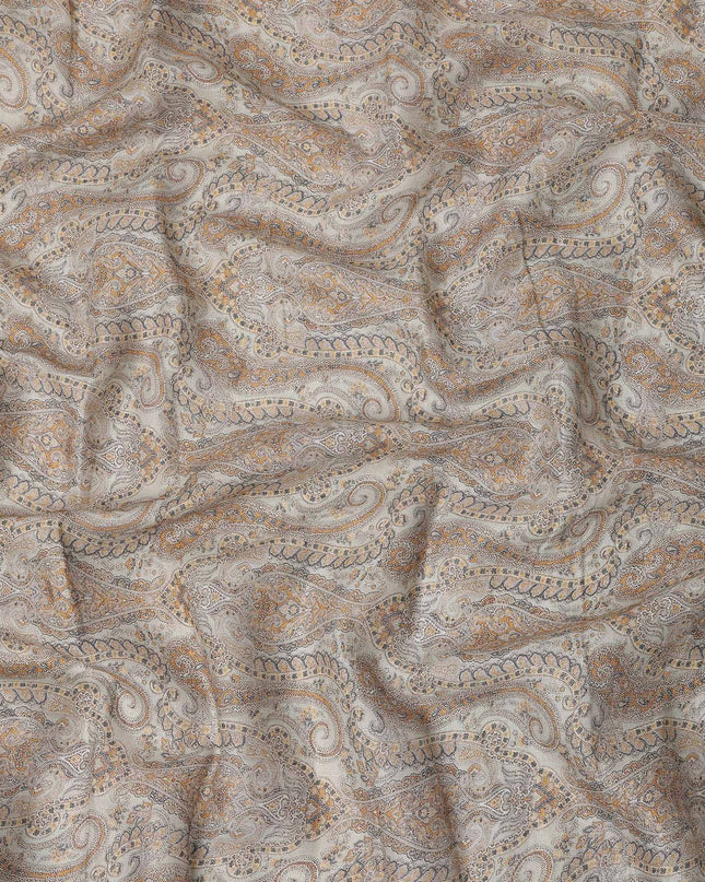 Beige and Brown Paisley Printed Cotton Linen Fabric, 110 Cms Width, India-D25186