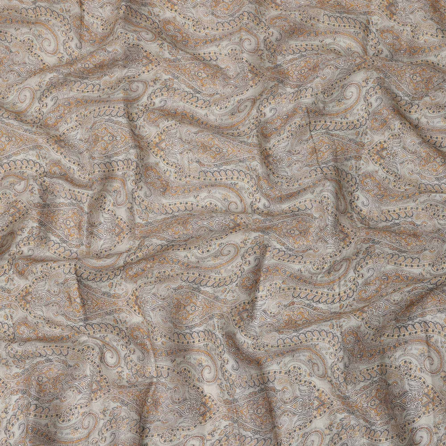 Beige and Brown Paisley Printed Cotton Linen Fabric, 110 Cms Width, India-D25186