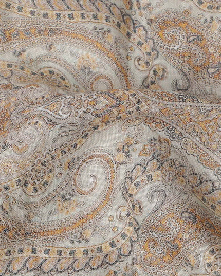 Beige and Brown Paisley Printed Cotton Linen Fabric, 110 Cms Width, India-D25186