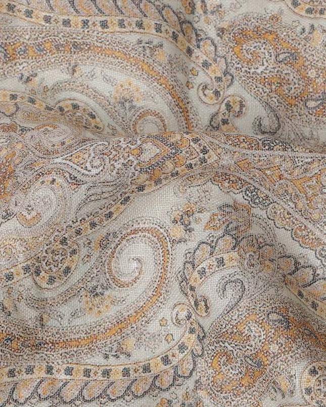 Beige and Brown Paisley Printed Cotton Linen Fabric, 110 Cms Width, India-D25186