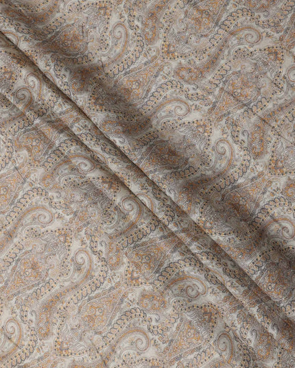 Beige and Brown Paisley Printed Cotton Linen Fabric, 110 Cms Width, India-D25186