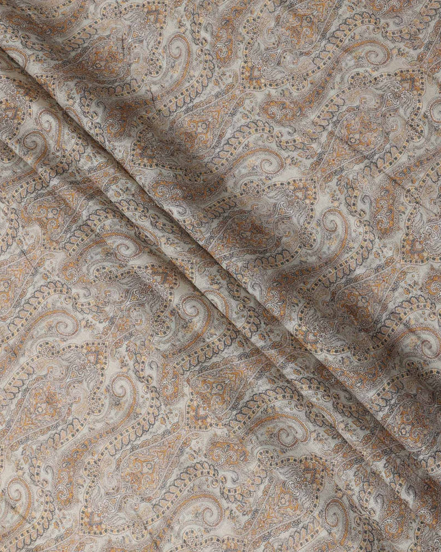 Beige and Brown Paisley Printed Cotton Linen Fabric, 110 Cms Width, India-D25186