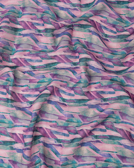 Lavender Green Abstract Brushstroke Print Blended Linen Fabric, 110 Cms Width, Made in India-D26187