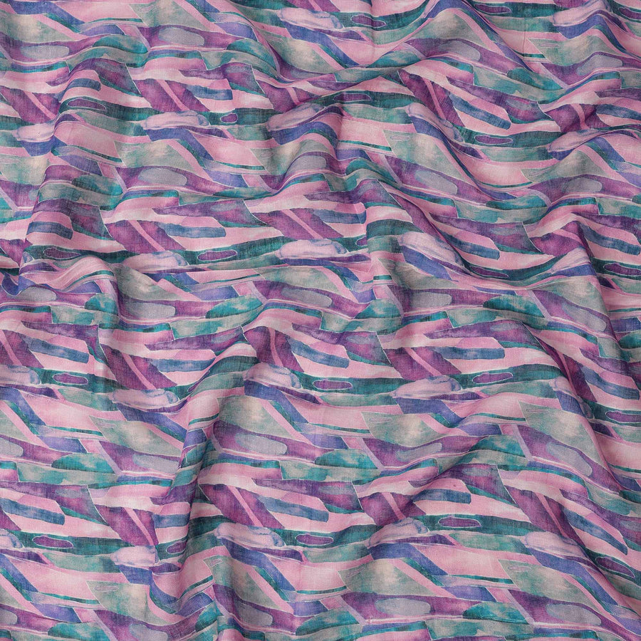 Lavender Green Abstract Brushstroke Print Blended Linen Fabric, 110 Cms Width, Made in India-D26187