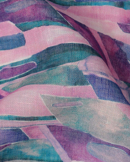 Lavender Green Abstract Brushstroke Print Blended Linen Fabric, 110 Cms Width, Made in India-D26187
