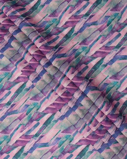 Lavender Green Abstract Brushstroke Print Blended Linen Fabric, 110 Cms Width, Made in India-D26187