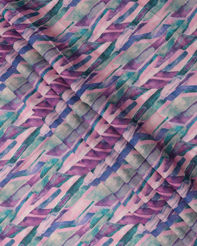 Lavender Green Abstract Brushstroke Print Blended Linen Fabric, 110 Cms Width, Made in India-D26187