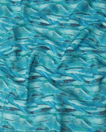 Turquoise Blue Green Abstract Brushstroke Print Blended Linen Fabric, 110 Cms Width, Made in India-D26188
