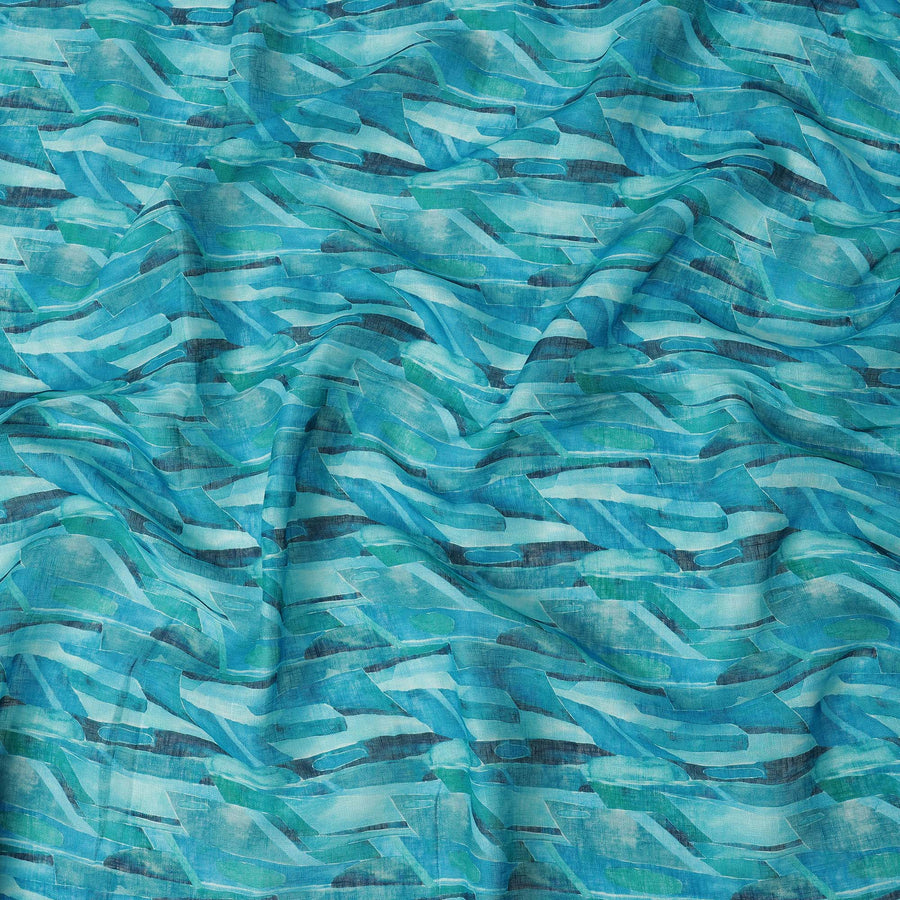 Turquoise Blue Green Abstract Brushstroke Print Blended Linen Fabric, 110 Cms Width, Made in India-D26188
