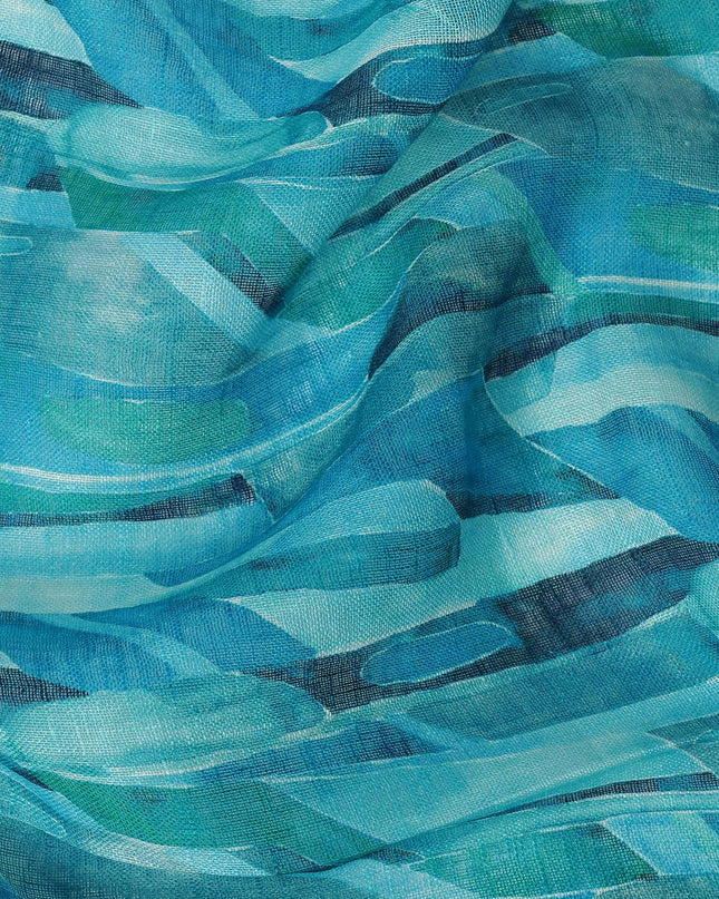 Turquoise Blue Green Abstract Brushstroke Print Blended Linen Fabric, 110 Cms Width, Made in India-D26188
