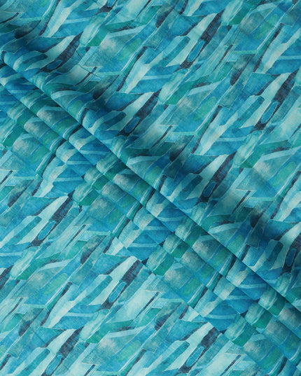 Turquoise Blue Green Abstract Brushstroke Print Blended Linen Fabric, 110 Cms Width, Made in India-D26188