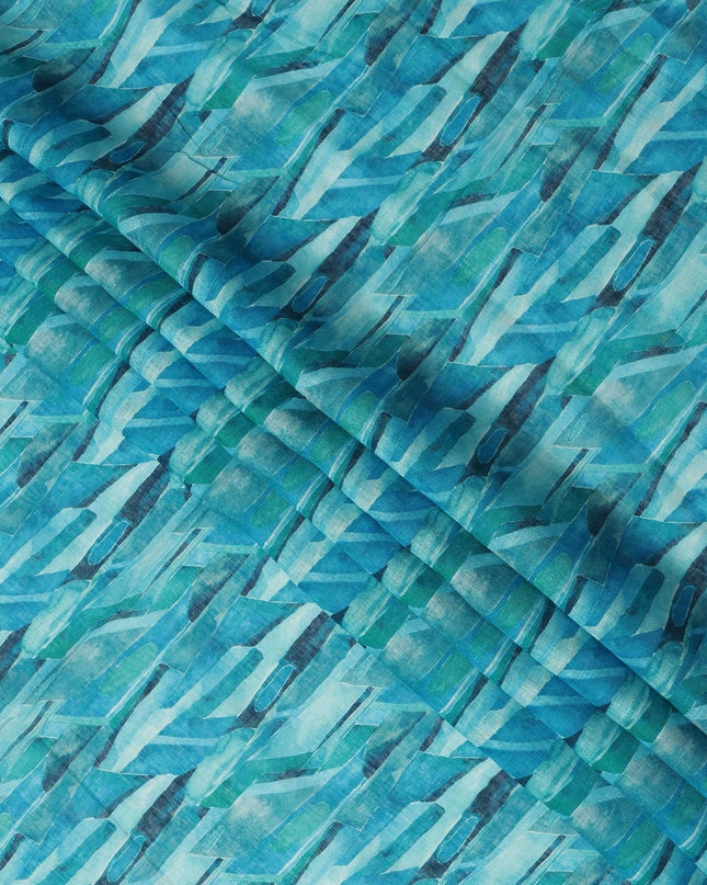 Turquoise Blue Green Abstract Brushstroke Print Blended Linen Fabric, 110 Cms Width, Made in India-D26188