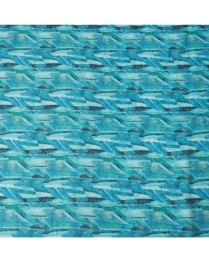 Turquoise Blue Green Abstract Brushstroke Print Blended Linen Fabric, 110 Cms Width, Made in India-D26188