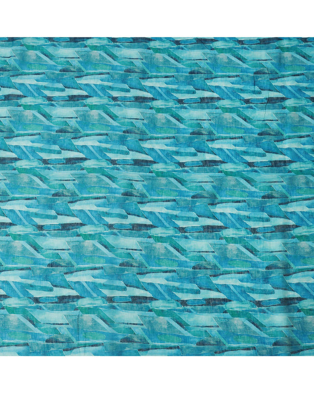Turquoise Blue Green Abstract Brushstroke Print Blended Linen Fabric, 110 Cms Width, Made in India-D26188