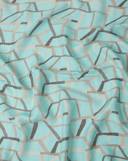 Aqua Blue Grey Abstract Geometric Print Blended Linen Fabric, 110 Cms Width, Made in India-D26182