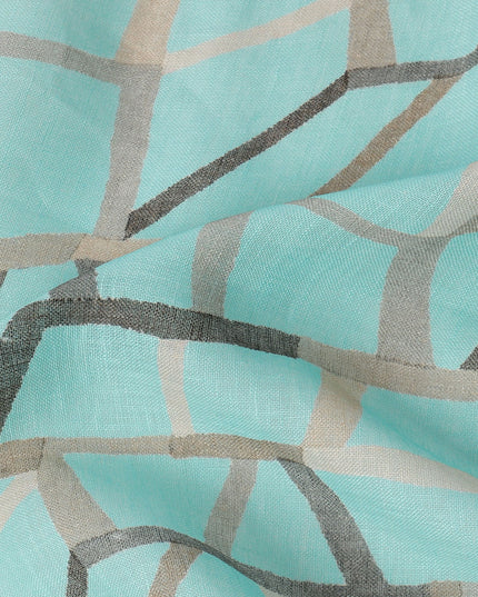 Aqua Blue Grey Abstract Geometric Print Blended Linen Fabric, 110 Cms Width, Made in India-D26182