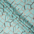 Aqua Blue Grey Abstract Geometric Print Blended Linen Fabric, 110 Cms Width, Made in India-D26182