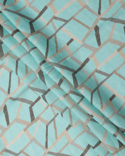 Aqua Blue Grey Abstract Geometric Print Blended Linen Fabric, 110 Cms Width, Made in India-D26182