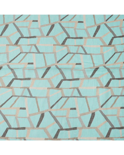 Aqua Blue Grey Abstract Geometric Print Blended Linen Fabric, 110 Cms Width, Made in India-D26182