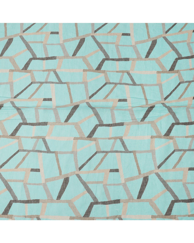 Aqua Blue Grey Abstract Geometric Print Blended Linen Fabric, 110 Cms Width, Made in India-D26182