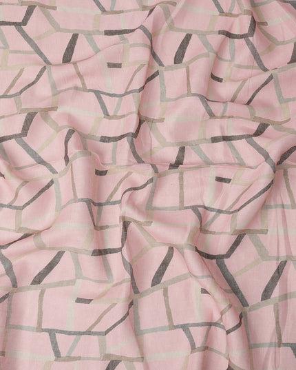 Light Pink Grey Abstract Geometric Print Blended Linen Fabric, 110 Cms Width, Made in India-D26181