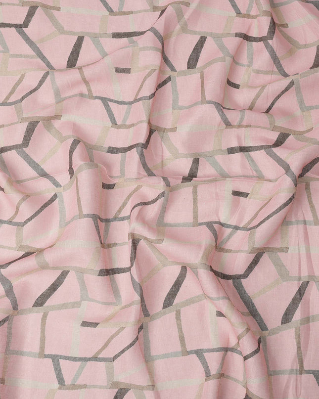 Light Pink Grey Abstract Geometric Print Blended Linen Fabric, 110 Cms Width, Made in India-D26181