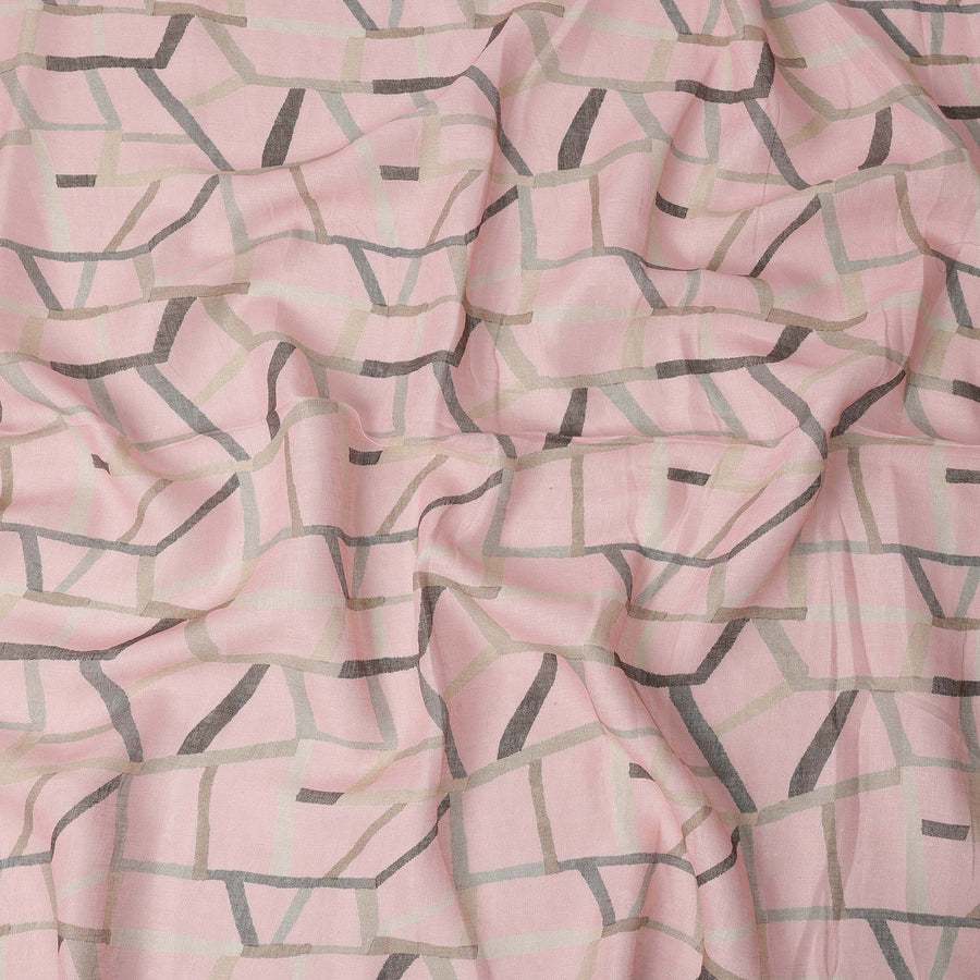 Light Pink Grey Abstract Geometric Print Blended Linen Fabric, 110 Cms Width, Made in India-D26181