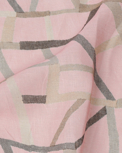 Light Pink Grey Abstract Geometric Print Blended Linen Fabric, 110 Cms Width, Made in India-D26181