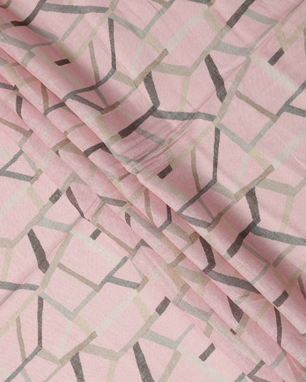Light Pink Grey Abstract Geometric Print Blended Linen Fabric, 110 Cms Width, Made in India-D26181