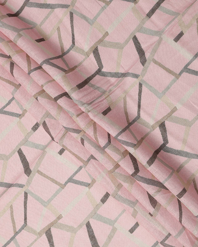 Light Pink Grey Abstract Geometric Print Blended Linen Fabric, 110 Cms Width, Made in India-D26181