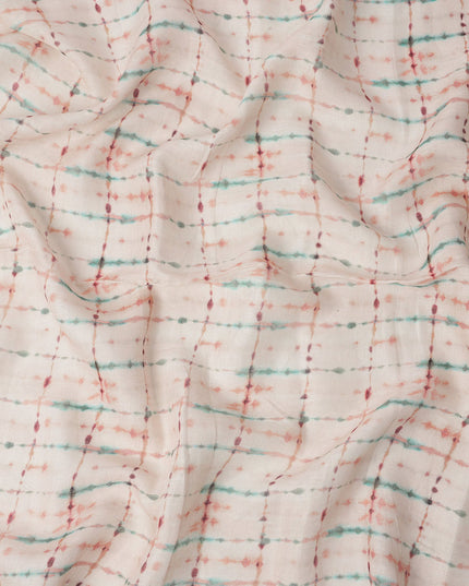 Cream Blue Brown Shibori Tie-Dye Print Blended Linen Fabric, 110 Cms Width, Made in India-D26186