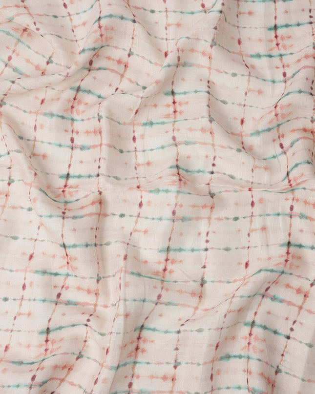 Cream Blue Brown Shibori Tie-Dye Print Blended Linen Fabric, 110 Cms Width, Made in India-D26186