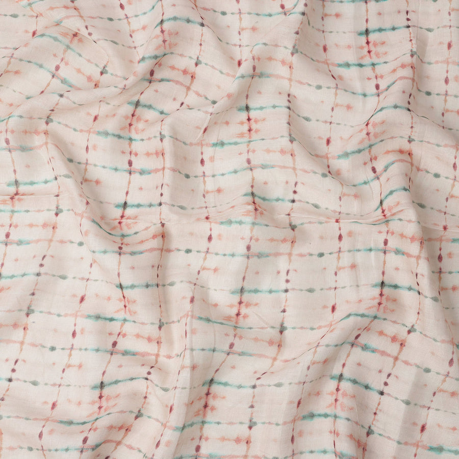 Cream Blue Brown Shibori Tie-Dye Print Blended Linen Fabric, 110 Cms Width, Made in India-D26186