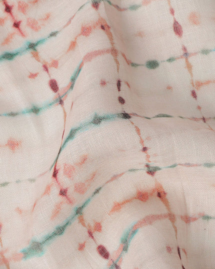 Cream Blue Brown Shibori Tie-Dye Print Blended Linen Fabric, 110 Cms Width, Made in India-D26186