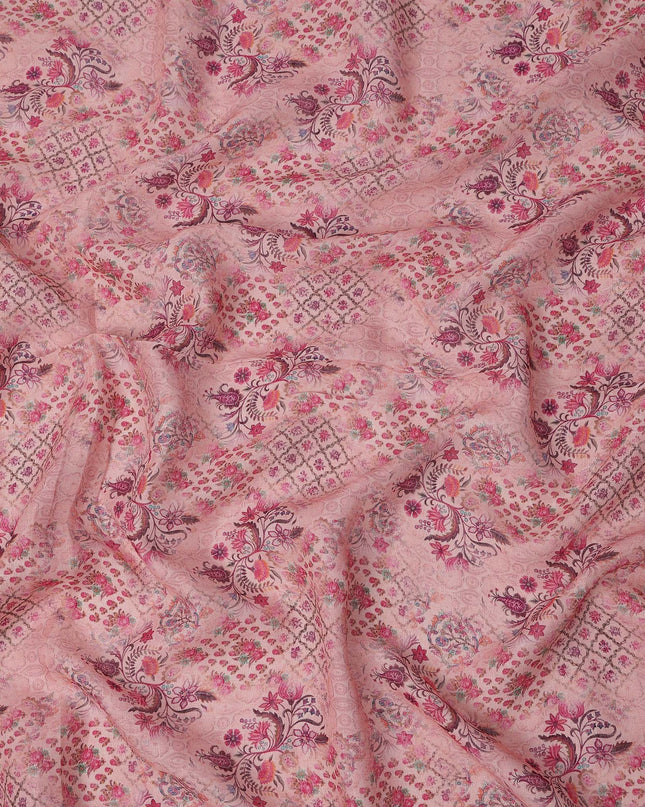 Pink Linen Floral Printed Fabric with Intricate Motifs and Geometric Design, 110 Cms Width, Made in India-D25085