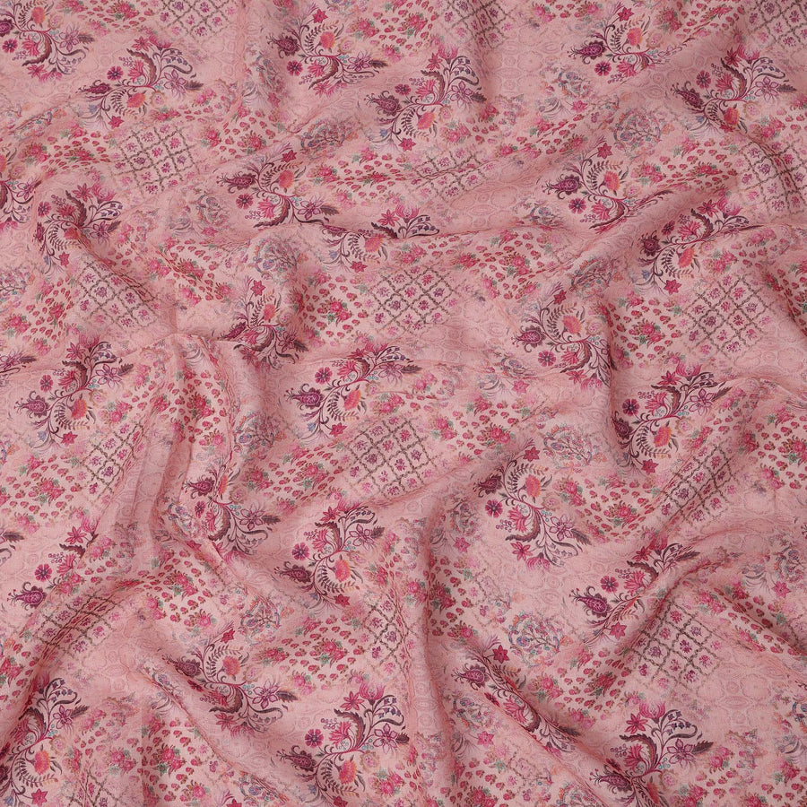 Pink Linen Floral Printed Fabric with Intricate Motifs and Geometric Design, 110 Cms Width, Made in India-D25085