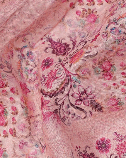 Pink Linen Floral Printed Fabric with Intricate Motifs and Geometric Design, 110 Cms Width, Made in India-D25085