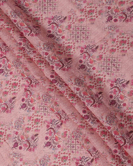 Pink Linen Floral Printed Fabric with Intricate Motifs and Geometric Design, 110 Cms Width, Made in India-D25085