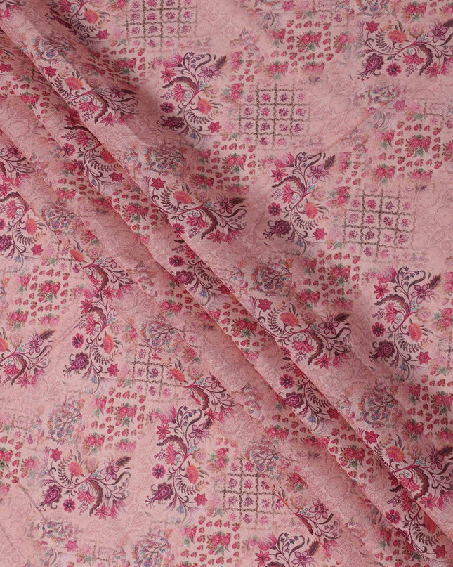 Pink Linen Floral Printed Fabric with Intricate Motifs and Geometric Design, 110 Cms Width, Made in India-D25085