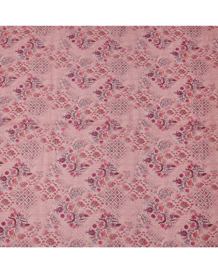 Pink Linen Floral Printed Fabric with Intricate Motifs and Geometric Design, 110 Cms Width, Made in India-D25085