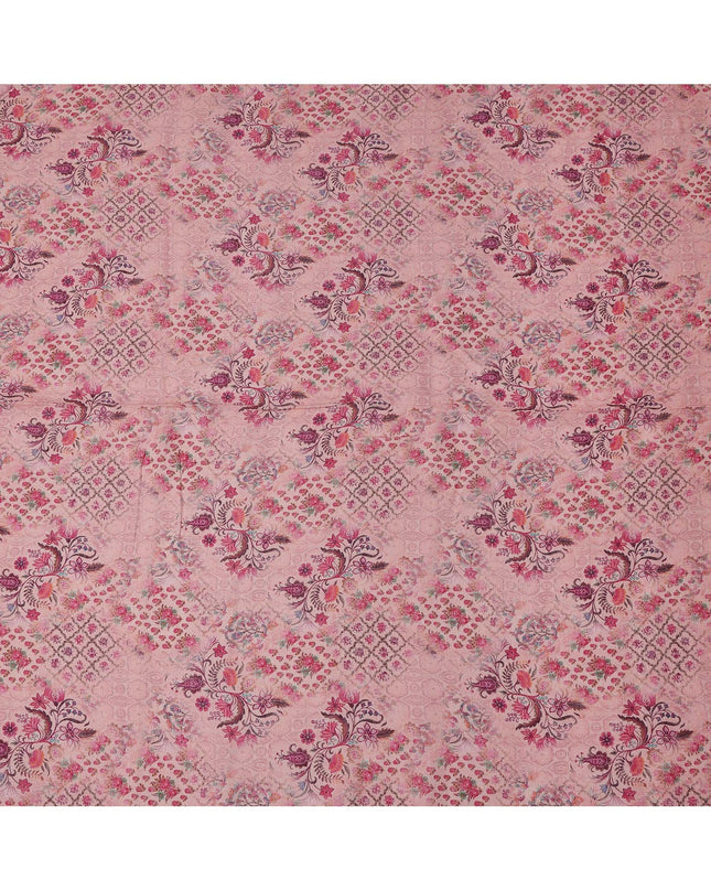 Pink Linen Floral Printed Fabric with Intricate Motifs and Geometric Design, 110 Cms Width, Made in India-D25085