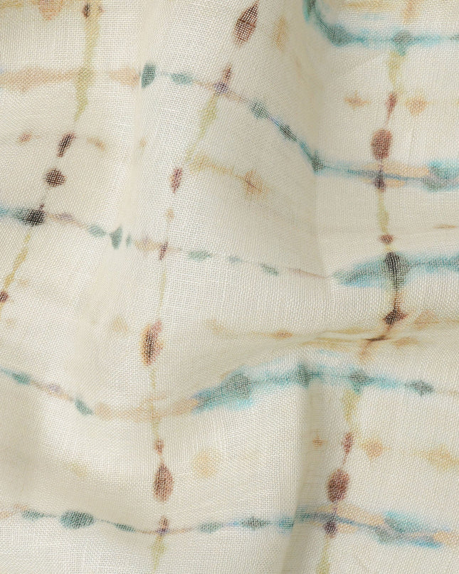 Sky Blue Brown Shibori Tie-Dye Print Blended Linen Fabric, 110 Cms Width, Made in India-D26185