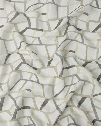 White Grey Beige Abstract Geometric Print Blended Linen Fabric, 110 Cms Width, Made in India-D26183